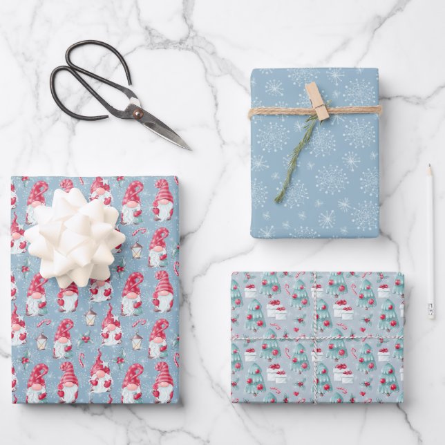 Cute Christmas Holiday Gnome Wrapping Paper Sheets (Front)