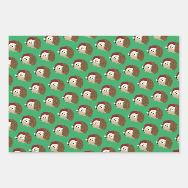 Cute  Christmas Holiday Hedgehogs Wrapping Paper Sheets (Front)