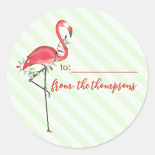 Cute Christmas Holiday Lights Pink Flamingo Beach Classic Round Sticker