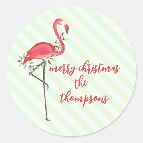 Cute Christmas Holiday Lights Pink Flamingo Beach  Classic Round Sticker