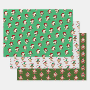 Cute  Christmas Holiday Monkeys Wrapping Paper Sheets