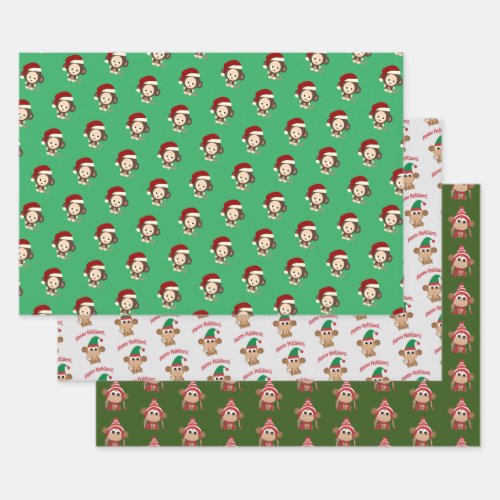 Cute  Christmas Holiday Monkeys Wrapping Paper Sheets