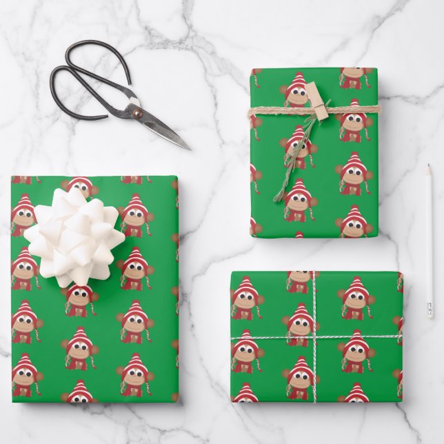 Cute  Christmas Holiday Monkeys Wrapping Paper Sheets (Front)