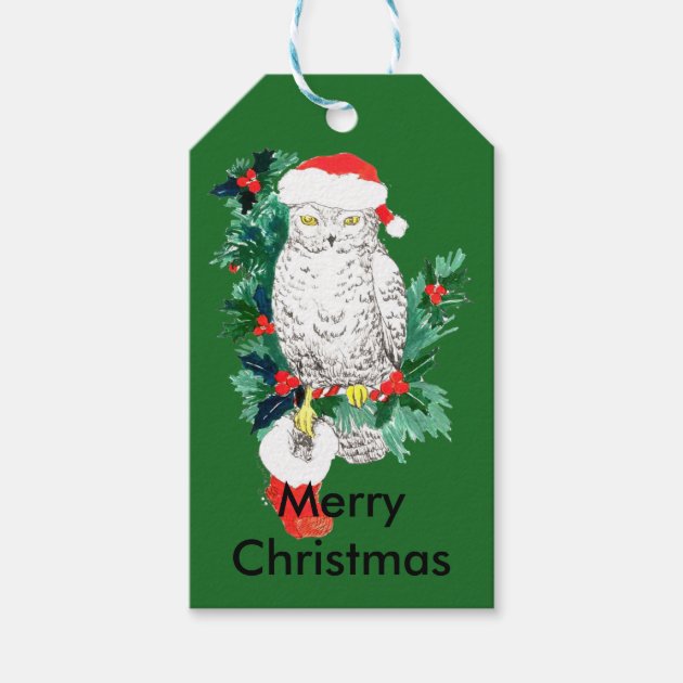 Cute Christmas Holiday Owl With Stocking Gift Tags