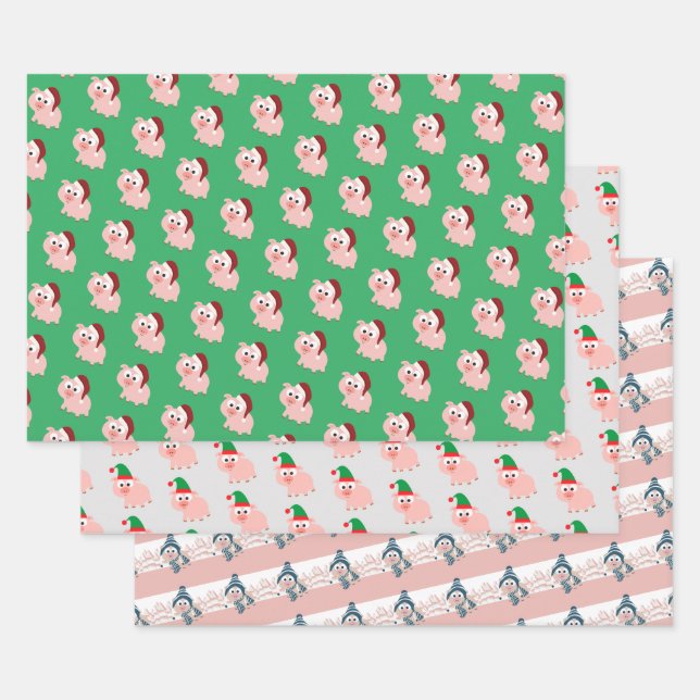 Cute  Christmas Holiday Pigs Wrapping Paper Sheets (Set)