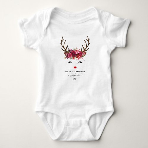 Cute Christmas Holiday Reindeer Floral Monogram Baby Bodysuit