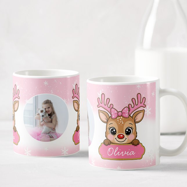 Cute Christmas Holiday Reindeer Pink Girl Kids Coffee Mug (Creator Uploaded)