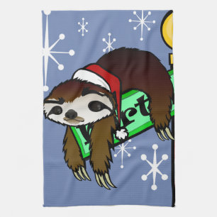 CUTE CHRISTMAS HOLIDAY SANTA SLOTH VERTICAL KITCHEN TOWEL