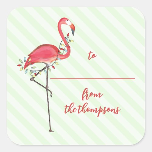 Cute Christmas Holiday String Lights Pink Flamingo Square Sticker