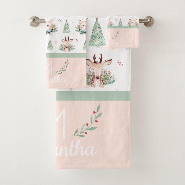 Cute Christmas Holiday Trees Bear & Deer Monogram Bath Towel Set (Insitu)
