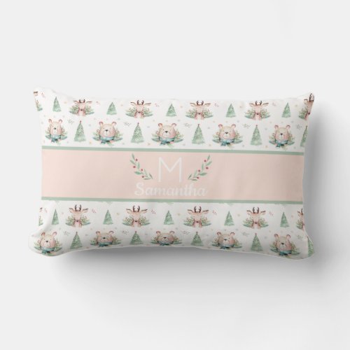 Cute Christmas Holiday Trees Bear  Deer Monogram Lumbar Pillow