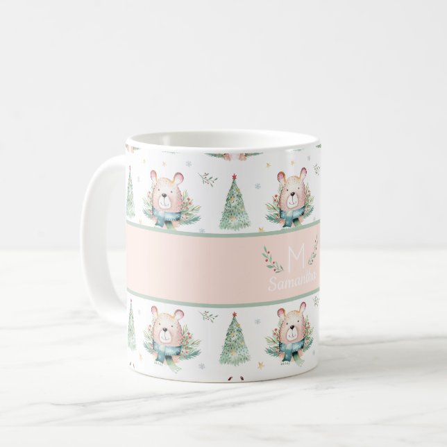 Cute Christmas Holiday Trees Forest Bear Monogram Coffee Mug (Front Left)