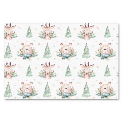 Cute Christmas Holiday Trees Woodland Bear  Deer Tissue Paper