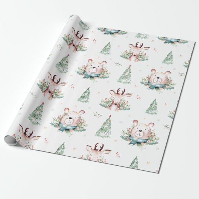 Cute Christmas Holiday Trees Woodland Bear & Deer Wrapping Paper (Unrolled)