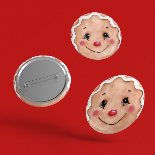 Cute Christmas Holiday Watercolor Gingerbread Face Button