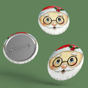 Cute Christmas Holiday Watercolor Santa Face Button