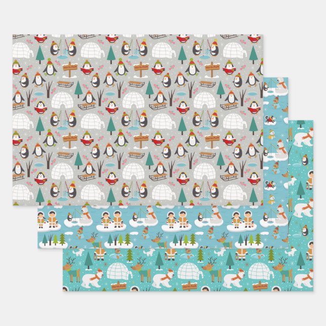 Cute Christmas Holiday Winter Wonderland Cartoon Wrapping Paper Sheets (Set)