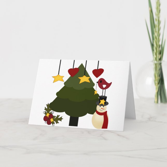Cute Christmas Holidays Tree Snowman Stars Bird Holiday Card (Front)