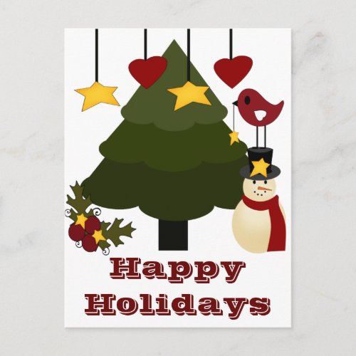 Cute Christmas Holidays Tree Snowman Stars Bird Holiday Postcard