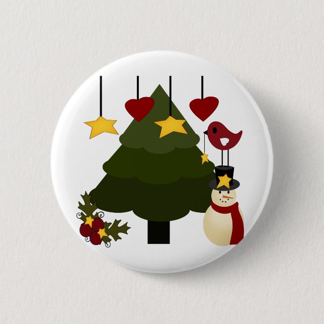 Cute Christmas Holidays Tree Snowman Stars Bird Pinback Button (Front)