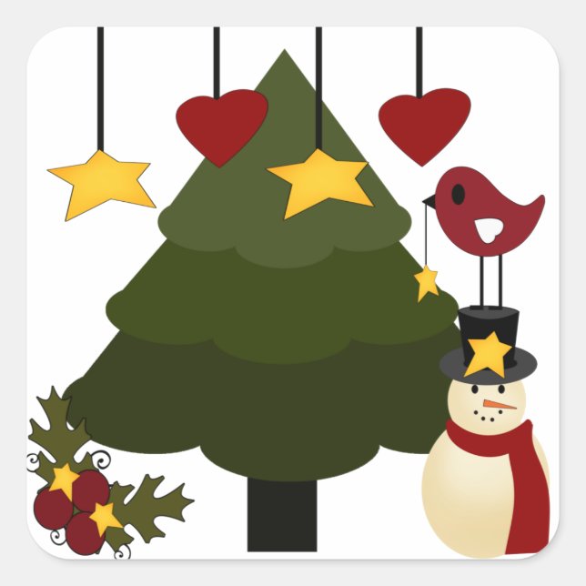 Cute Christmas Holidays Tree Snowman Stars Bird Square Sticker (Front)