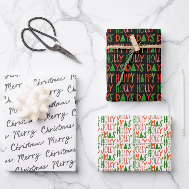 Cute Christmas Holly Days Jolly Xmas Holiday Wrapping Paper Sheets (Front)
