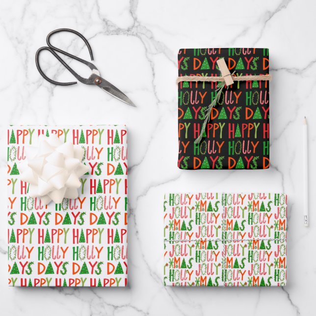 Cute Christmas Holly Days Jolly Xmas Holiday Wrapping Paper Sheets (Front)