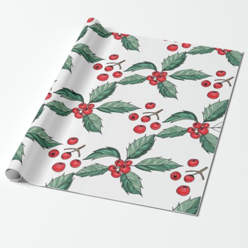 Cute Christmas Holly Leaves and Berries Wrapping Paper