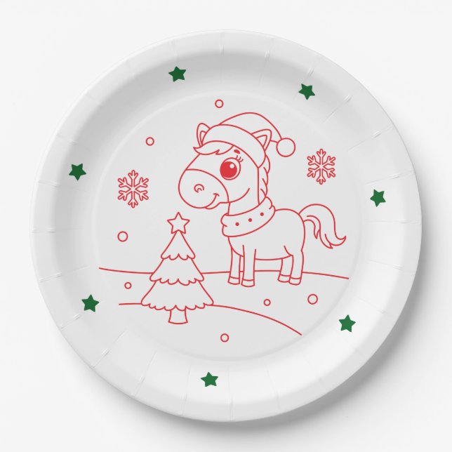 Cute Christmas Horse Round Paper Plates (Front)