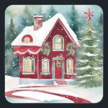 Cute Christmas house 🏠 gingerbread house  Square Sticker<br><div class="desc">Adorable watercolor painting. Snow covered deep red Christmas house. See matching wrapping papers.</div>