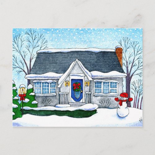 Cute Christmas house snowman winter postcard