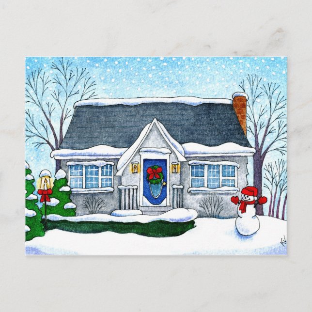 Cute Christmas house, snowman, winter postcard (Front)