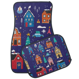 Cute Christmas houses flat vintage illustrations s Car Floor Mat