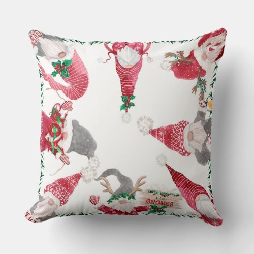 Cute Christmas I Love Gnomes Watercolor Holly Leaf Throw Pillow