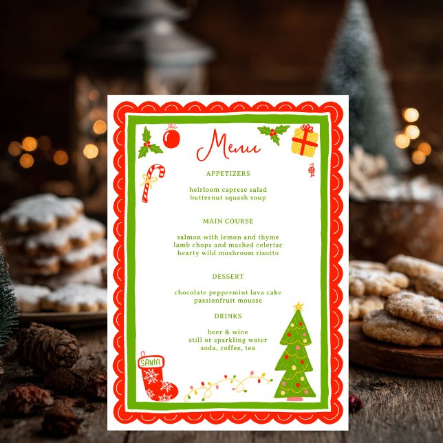 Cute Christmas Icons Scallop CUSTOM Holiday Party Menu (Cute Christmas Icons Scalloped CUSTOM Holiday Dinner Party Menu
)