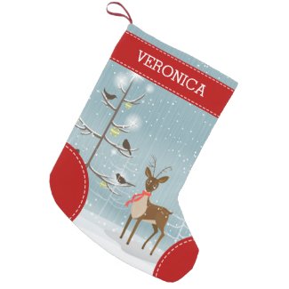 Cute Christmas Illustration Deer, Tree &amp; Birds