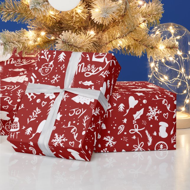 Cute Christmas illustrations pattern red Wrapping Paper (Holidays)