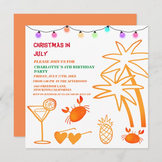 Cute Christmas In July Birthday Party  Invitation (Front/Back)