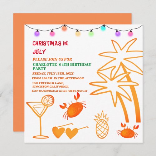 Cute Christmas In July Birthday Party  Invitation