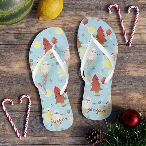 Cute Christmas in July Personalized Ladies Flip Flops