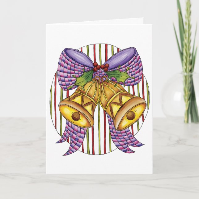Cute Christmas Jingle Bells with Ribbon and Bow Holiday Card (Front)