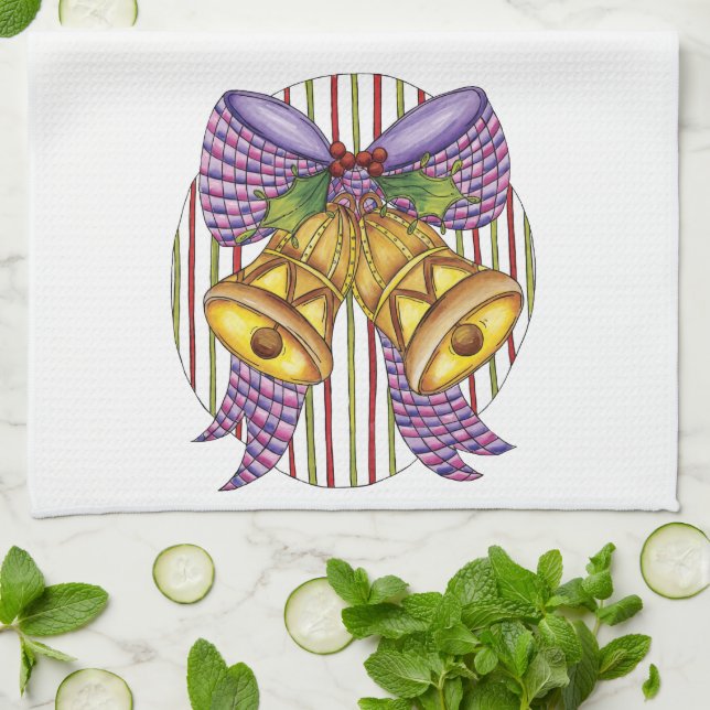 Cute Christmas Jingle Bells with Ribbon and Bow Kitchen Towel (Folded)