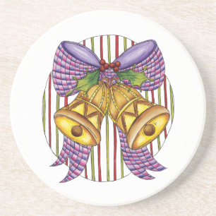 Cute Christmas Jingle Bells with Ribbon and Bow Sandstone Coaster
