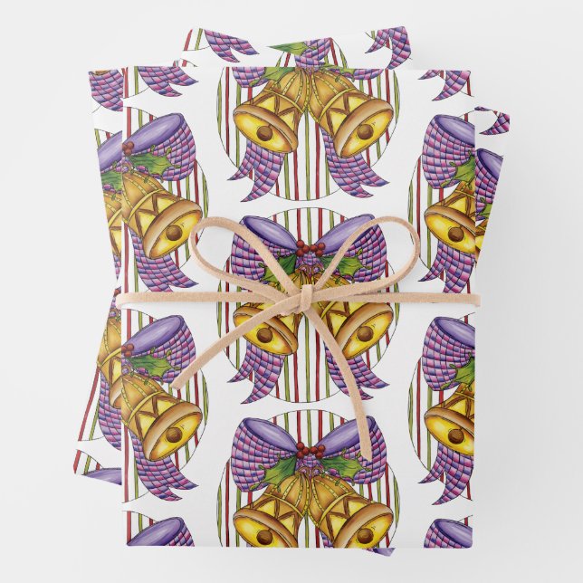 Cute Christmas Jingle Bells with Ribbon and Bow Wrapping Paper Sheets (In situ)