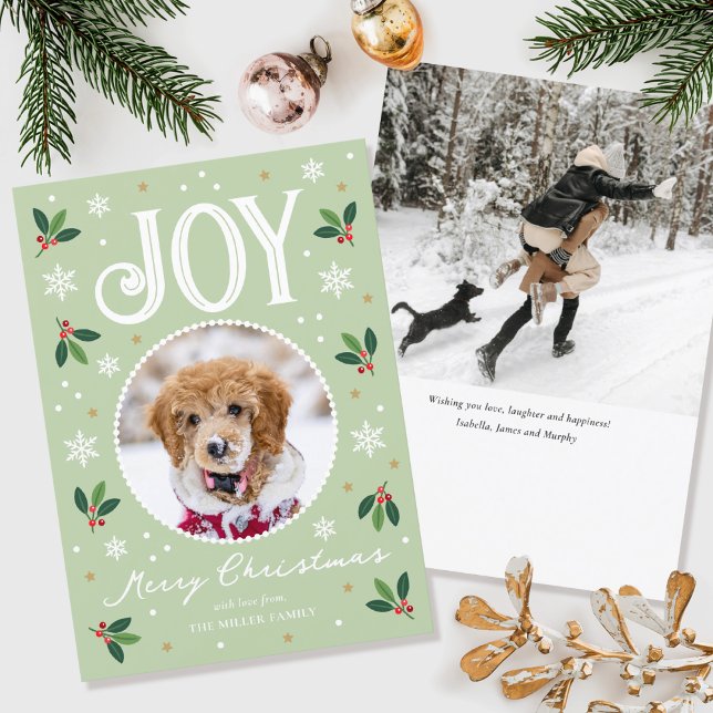 Cute Christmas Joy Custom Name Photo Green Holiday Card (Creator Uploaded)