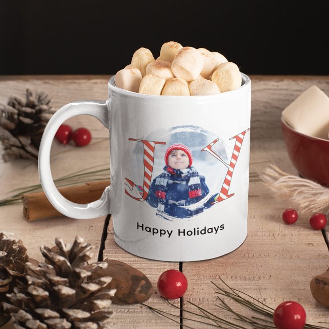 Cute Christmas Joy Custom Photo  Coffee Mug (Holiday "Joy" photo mug whimsical candy cane stripes)