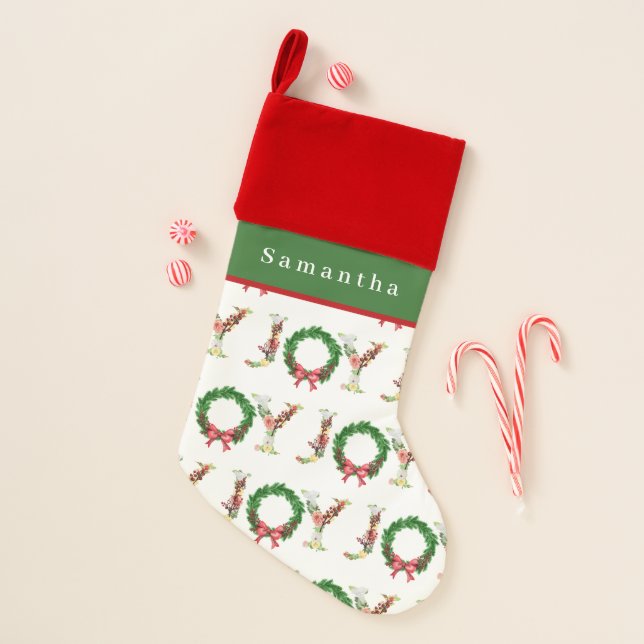 Cute Christmas joy typography pattern red green Stocking (Front)