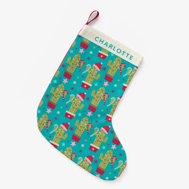 Cute Christmas Kawaii Cactus Blue Personalized Small Christmas Stocking (Front (Hanging))