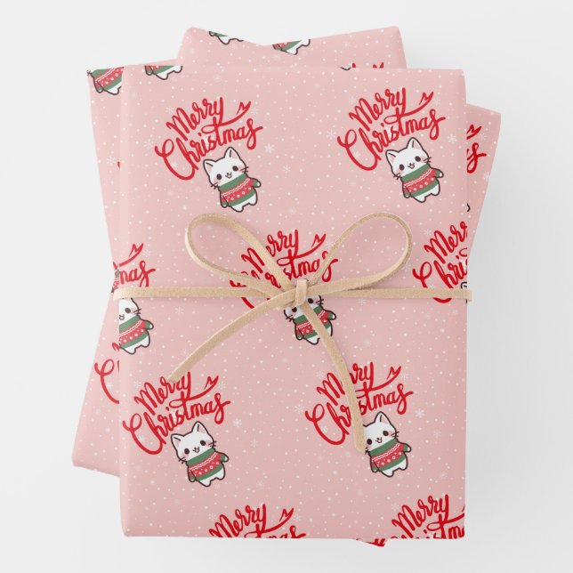 Cute Christmas Kawaii Kitten on Red Background Wrapping Paper Sheets (In situ)
