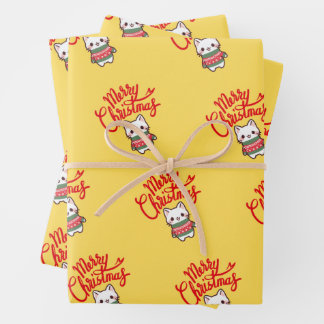 Cute Christmas Kawaii Kitten on Yellow Background Wrapping Paper Sheets